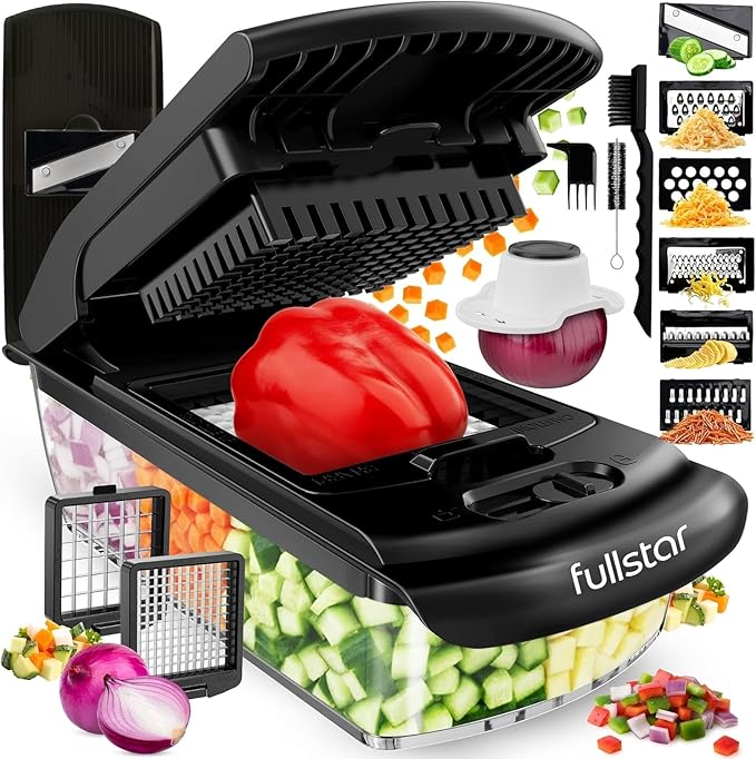 Fullstar Pro Original Vegetable Chopper & Mandoline Slicer Kitchen Gadget | 8 in 1 Veggie Slicer, Onion & Fruit Cutter with Sharp Stainless Steel Blades & Container, All-in-One Meal Prep Tool (Black)