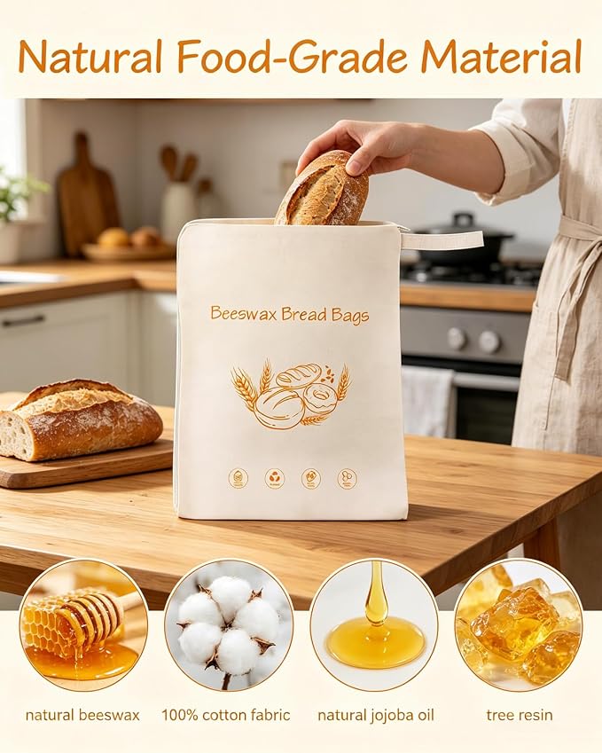 Reusable Beeswax Bread Bags for Homemade&Sourdough, 17"x13", 2 Pack | Organic Linen Beeswax Bag with Wide Zipper,Freezer-Friendly Storage for Bread,Washable Bread Bag,Keeps Loaves Fresh Longer