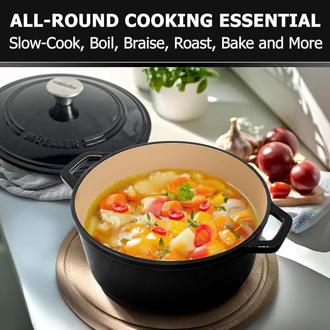 MUELLER HOME 7.5 QT Enameled Cast Iron Dutch Oven, Heavy-Duty, Oven-Safe up to 500° F & Across All Cooktops, Casserole Dish and Braiser Pan with Lid and Stainless Knob, Black | Heavy-Duty
