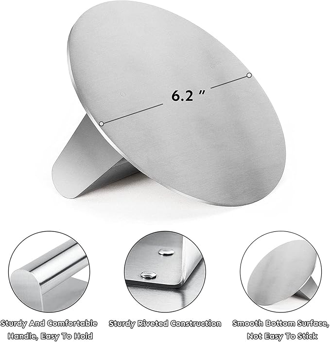 HULISEN Stainless Steel Burger Press, 6.2 inch Round Burger Smasher, Professional Griddle Accessories Kit, Grill Press Perfect for Flat Top Griddle Grill Cooking | Flat Edge, Even Pressure for Thin Patties, Dishwasher Safe, Griddle Accessories Fit Flat...