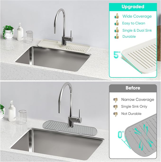 17.7inch Faucet Mat for Kitchen Sink [5°Slope Fast Self-draining] Faucet Mat Kitchen Sink Splash Guard Silicone Sink Splash Guard Kitchen Sink Area Tidy Splash Faucet Guard Draining Mat-Beige