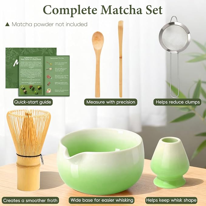 Matcha Whisk Set, Ceramic Matcha Set Includes Bowl & Holder, Bamboo Whisk (Chasen), Scoop, Spoon and Sifter, 6PCS Matcha Kit Covers Everything Needed for Making Matcha (Green)