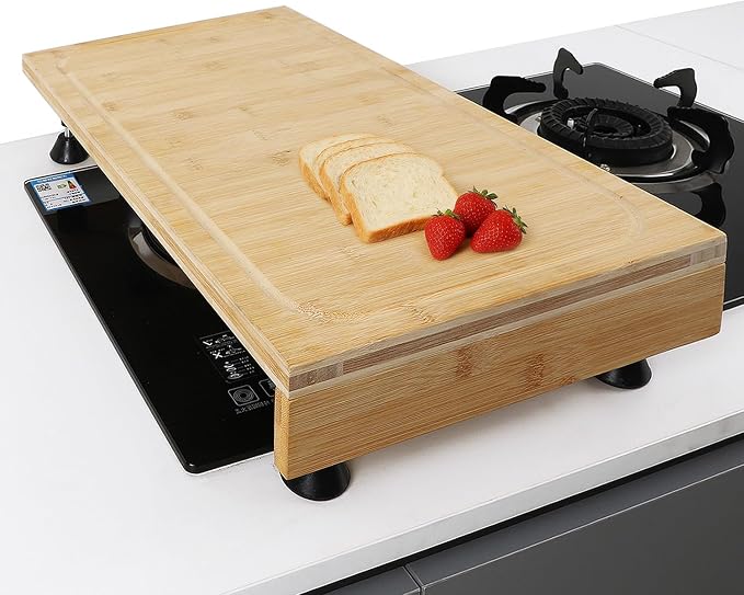 BAMOTTO CRAFTBAMBOO 12.6 x 22 Inch Bamboo Stovetop Cover Cutting Board | Detachable Legs | Detachable Front Lip | Over-the-Sink | Space Saving Kitchen Countertop Long Board