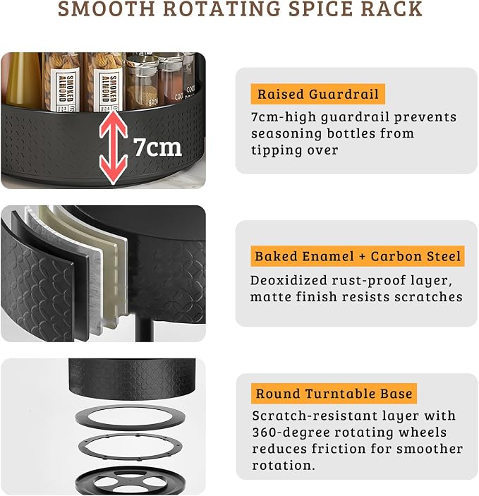 Rotating Spice Rack with Paper Towel Holder, Black | 2 Tier Turntable Lazy Susan, Durable Iron, Seasoning Organizer, For Kitchen Countertop