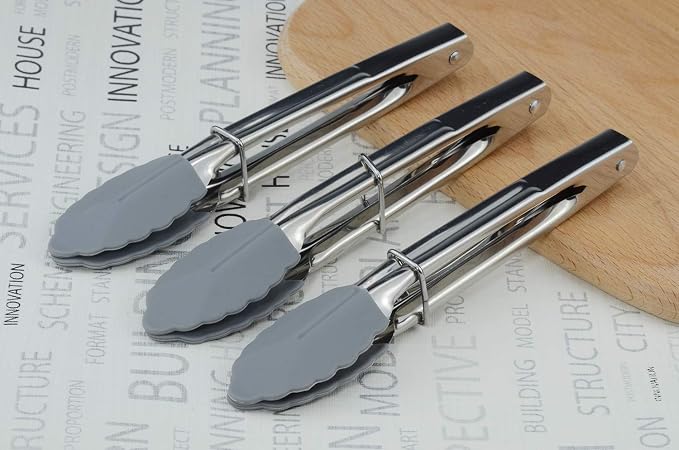 HINMAY 7 Inch Silicone Utility Tong Kitchen Tongs, Set of 3 (Gray) | 7 Inch Metal Salad Tongs