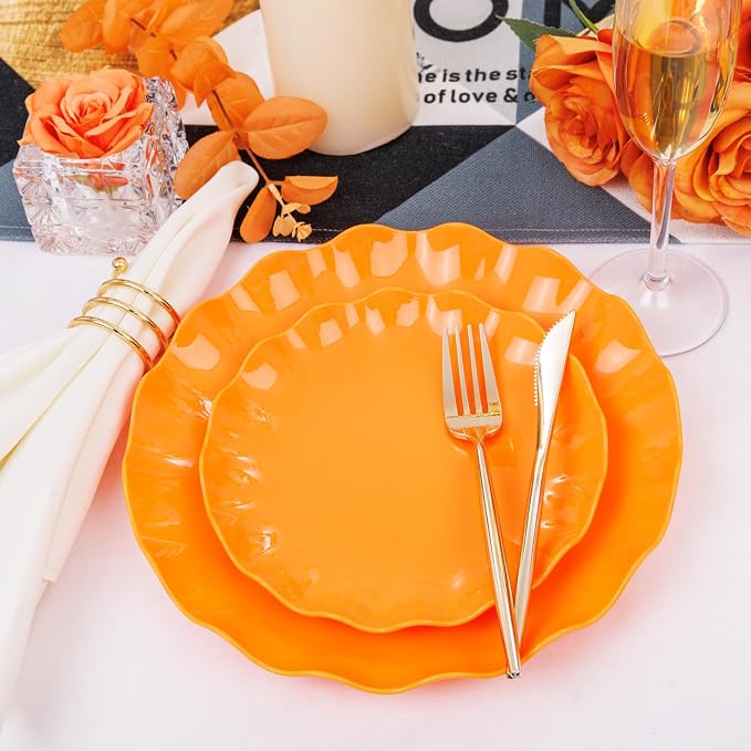 LIYH 24Pcs Orange Plastic Plates Reusable, Dinner And Salad Set For Parties | Heavy Duty Scalloped Unbreakable Tableware, Reusable Or Disposable Style For Fall Picnics, Thanksgiving, Holiday Banquets