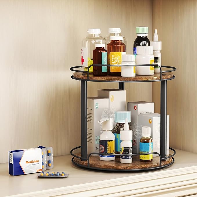 LAMU 9'' Wood Lazy Susan Turntable Organizer for Cabinet, 2 Tier Lazy Susan Spice Rack Organizer for Kitchen, Table Top, Countertop, Pantry, Medicine Organizer