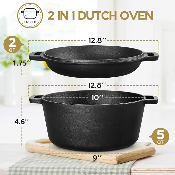 TeamFar 5qt Dutch Oven, Pre-seasoned Cast Iron for Bread Baking, Black | 2-in-1 Bread Pan with Skillet Lid, Oven & Stovetop Safe for Baking Frying Stewing Grilling, Home Use Or Outdoor Camping