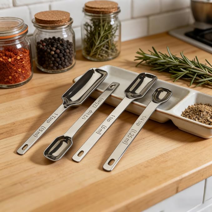 Stainless Steel Teaspoon Measuring Spoons Set of 7 with Leveler | Long Handle Rectangular Metal Teaspoon Tablespoon for Measuring Kitchen Spice, Dry & Liquid Ingredients