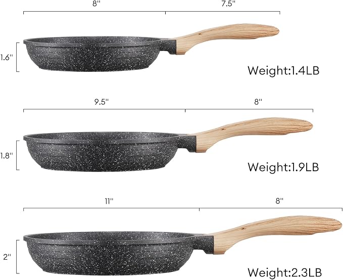 JEETEE 8 & 9.5 & 10 Inch Nonstick Frying Pan Sets for Cooking - Dual Spouts | All Stove Compatible, Easy-Clean, Even Heating, PFOA Free, Cool Ergonomic Handle, Non Stick Fry Pans for Egg Steak Fish,Grey