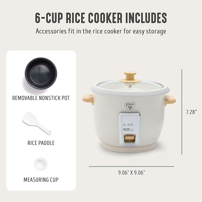 GreenLife Rice Cooker with Removable PFAS-Free Ceramic Nonstick Pot, 3-Cups Uncooked/6-Cups Cooked, Grains & Oatmeal Multicooker, Compact One-Switch Design, Auto Keep Warm, Easy Clean, Cream