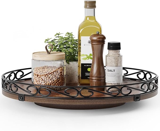 13" Lazy Susan Turntable Organizer for Table Top, Wood Lazy Susan Cabinet | Farmhouse Rotating Decor Tray for Dining Table, Pantry, Kitchen Countertop, Spice, Bathroom Vanity, Round Patterned Rim,Brown