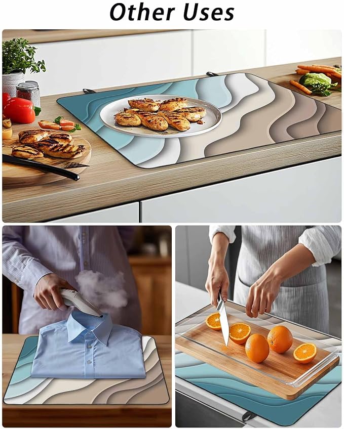 Stove Top Covers for Electric Stove 28.5x20.5 Inches,Teal Brown Ombre Cream HeatResistant Glass Cooktop Protector,Modern Geometric Sea Waves Abstract Ceramic Stovetop Countertop Covers Mat,Oven Cover