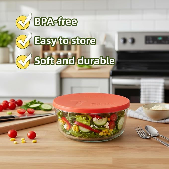 Yodecy 7Cup Silicone Bowl Lids fit Pyrex Glass Bowls 7402-PC 7 Cup, Yodecy Silicone Bowl Lids fit Anchor Hocking Glass Bowls 7402-PC 7 Cup,Replacement Lid 7.28in(2 Pack Red)