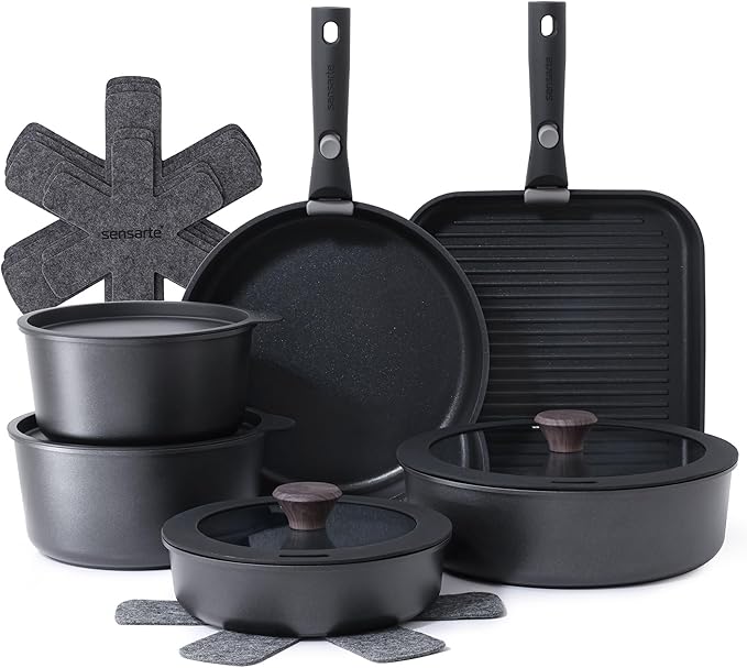SENSARTE 17 Piece Nonstick Detachable Handle Pots and Pans Set Black | Removable Handle Cookware Set, Induction Cookware Set with Removable Handle, Healthy Non Stick for RV, Dishwasher ＆ Oven Safe