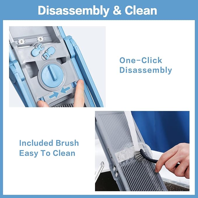 ONCE FOR ALL Upgrade Safe Mandoline Slicer Plus, Bigger Size, SkyBlue | 0.1-8mm Adjustable Vegetable Food Chopper, Potato Fries Cutter, Detachable Blade, Stainless Steel, Dishwasher-safe, Gift