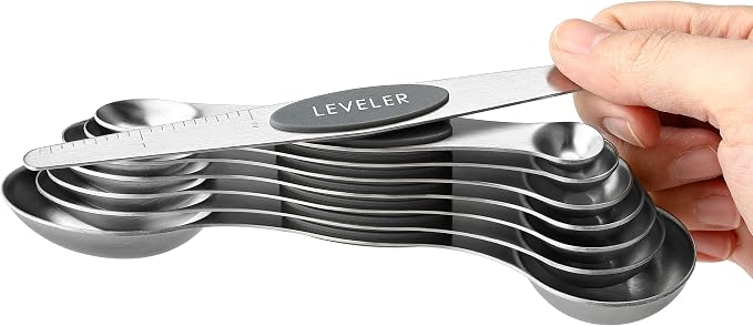 Spring Chef Stainless Steel Magnetic Measuring Spoons Set of 8, Gray | Stackable Metal Teaspoon & Tablespoon Measuring Spoons with Leveler for Dry & Liquid Ingredients, Dual Sided, Dishwasher Safe