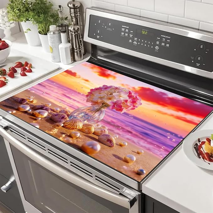 HOMETITUTE Summer Stove Top Covers for Electric Stove 28x20 Inches Sunset Beach Flower Seashell Heat Resistant Glass Cooktop Protector Pad Decorative Stovetop Cover for Kitchen Coffee Bar Decor