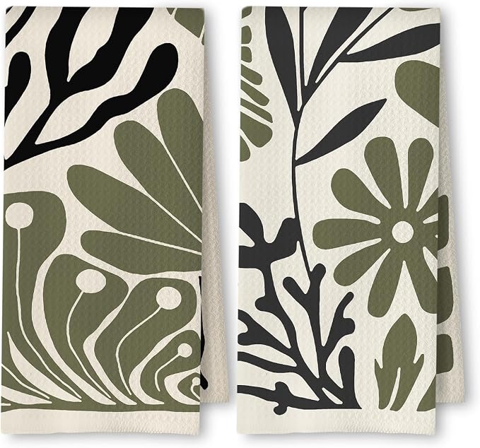 Abstract Green and Black Boho Floral Kitchen Towels Set of 2, 70s Retro Groovy Botanical Dish Tea Towels for Kitchen Decor, Mid Century Modern Hand Towels for Bathroom Decor, 16x24 Inch