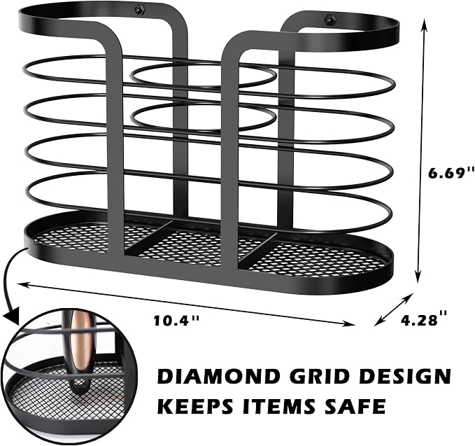YIGII Blow Dryer Holder, Adhesive Wall Mount Bathroom Organizer, Black | Hot Tool Storage for Hair Dryers and Electric Shavers, Space-Saving Design with No Drill Installation for Bathroom Counters