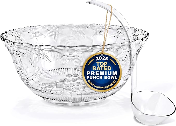 Stock Your Home Premium Plastic Punch Bowl with Ladle, Fancy Disposable Punch Bowls for Parties, Holidays, Schools, Halloween, and More, Quality Glass Like Appearance, Large Punch Bowl with Ladle Set