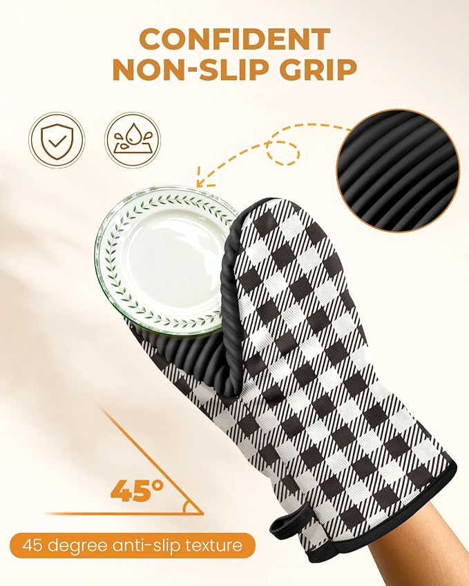 100% Thick Cotton Oven Mitts Ribbed Soft Silicone Black Gingham | Aesthetic Oven Mitts for Women, Machine Washable Non-Slip Kitchen Mitts, Reversible for Both Hands, Stylish Kitchen Decor