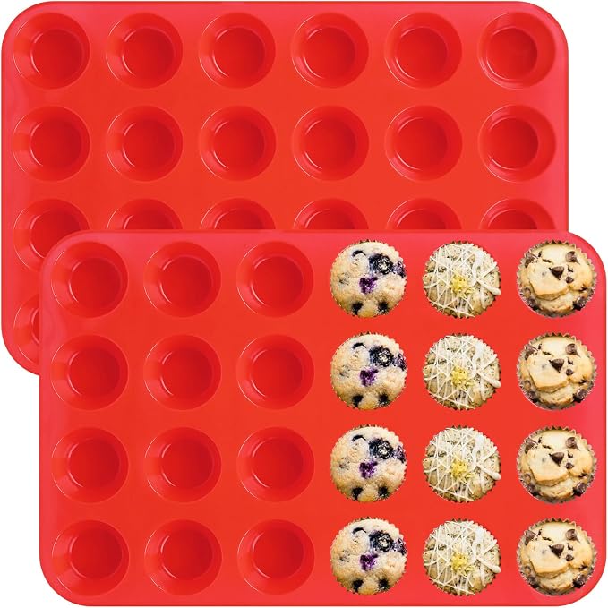 2 Pack Silicone Muffin Pan, Nonsticks 24 Cups Mini Cupcake Pans for Baking Muffin, Egg Bite, Cupcakes and Puddings (Red)