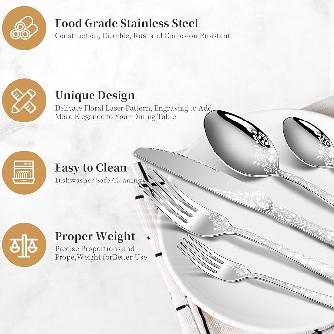 40 Piece Silverware Set, Stainless Steel Flatware Cutlery Set Service for 8, Mirror Polished Tableware Eating Utensils Set for Home Kitchen, Include Knife Fork Spoon Set, Dishwasher Safe