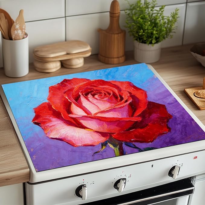 HOMETITUTE Spring Stove Top Covers for Electric Stove 28x20 Inches Red Rose Oil Painting Heat Resistant Glass Cooktop Protector Pad Decorative Stovetop Cover for Kitchen Coffee Bar Decor