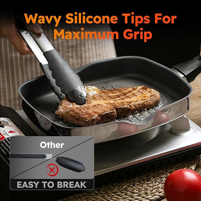 HST Tongs for Cooking with Silicone Tips(3 Pack), Non Stick Kitchen Tongs with Silicone Tip for Cooking BBQ Baking (9", Black)
