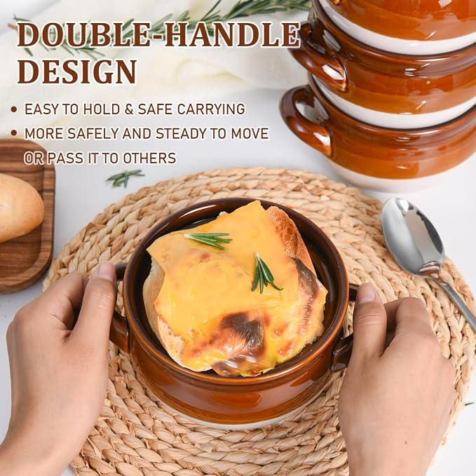 Vumdua French Onion Soup Bowls with Handles, 22 oz Ceramic French Onion Soup Crocks Oven Proof for Chilli, Cereal, Pot Pies - Oven, Broil & Dishwasher Safe, Set of 4