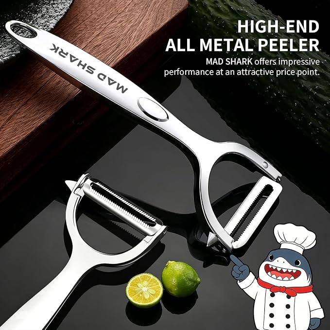 MAD SHARK Y & I Vegetable Peeler 2 Pack, Stainless Steel Serrated Blade Set | Ultra Sharp Vegetable Peelers for Kitchen,Non-slip Ergonomic Grip for Potatoes, Apples, Carrots, Fruits & Veggies