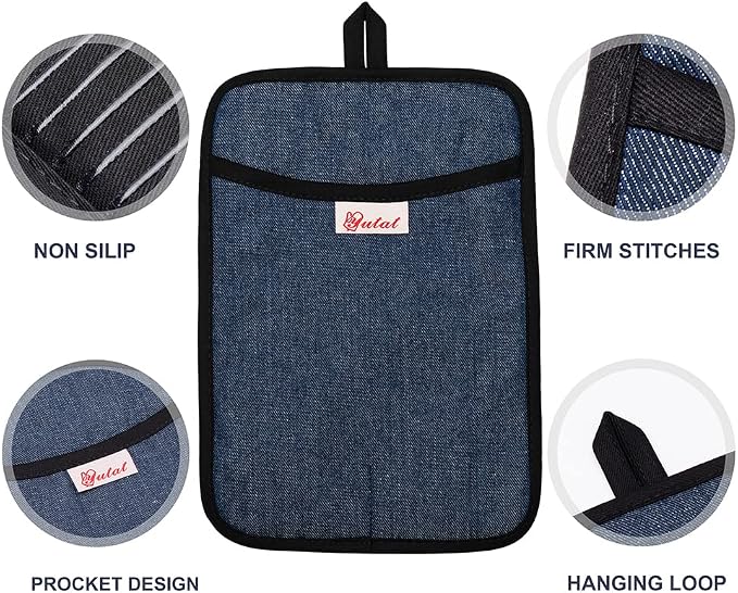 Yutat Oven Mitts, Pot Holders Set of 4 Made with Pure Cotton and Food Grade Non-Slip Silicone - 500 F Heat Resistant Oven Mitts and Pot Holders Sets for Kitchen Cooking (4pcs Set, Black and Denim)