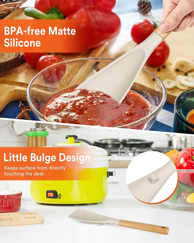 Multifunction Spoon for Nonstick Cookwares, Great for Cooking and Serving, Sturdy BPA-Free Matte Silicone, Wood Handle spoonula for Mixing, Scoop, and Scrape, Khaki(2 pack,11.4" & 13.4")