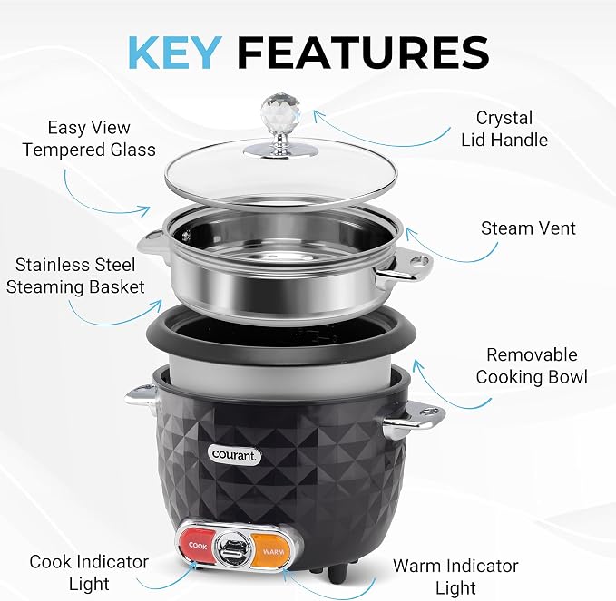 Courant 10-Cup (Cooked) / 5-Cup Uncooked Rice Cooker and Steamer with One-Touch Operation, Automatic Keep Warm Function, and Chrome Accents, Black