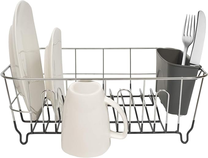 Sweet Home Collection 2 Piece Dish Drying Rack Set Drainer with Utensil Holder Simple Easy to Use Fits in Most Sinks, 12" x 14.5" x 5", Dark Gray, 1