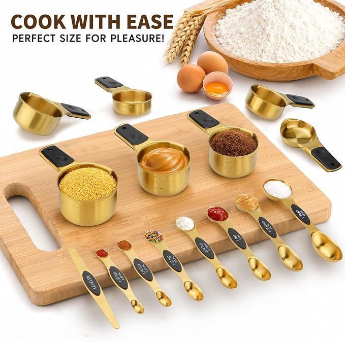 Stainless Steel Magnetic Measuring Cups and Spoons Set of 15 | Double Sided for Dry and Liquid Ingredients, BPA Free, Rust Resistant,Dishwasher Safe with Leveler for Baking and Cooking