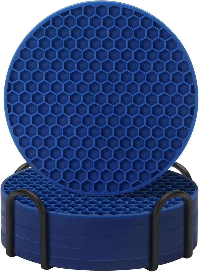 TWTLi Silicone Coasters Set of 6 with Holder — Non-Slip Drink Coasters for Coffee Table, Home Bar & Kitchen, Protects Wood & Marble Surfaces from Water Rings, Dishwasher Safe (Navy Blue)