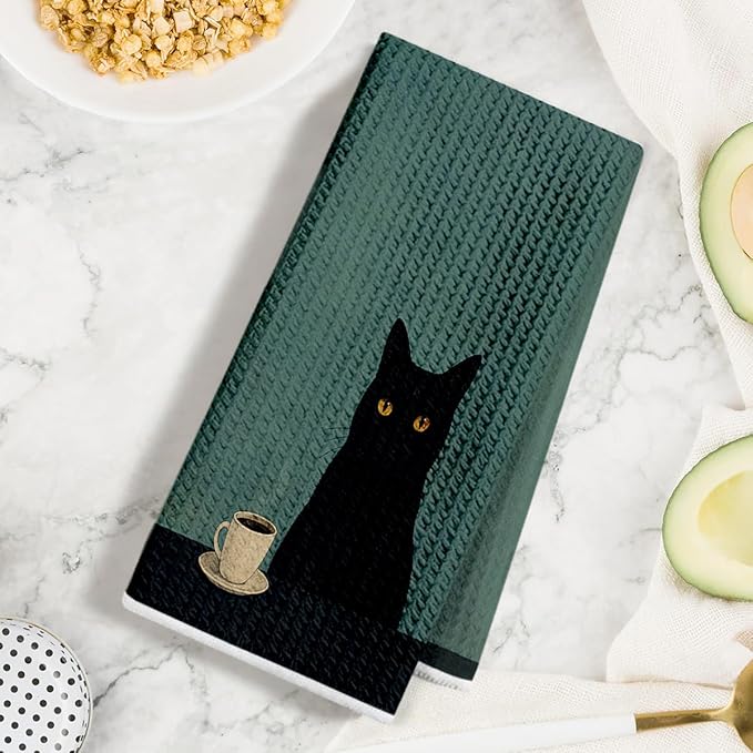 2 Pcs Vintage Coffee Cat Kitchen Towels, Cat Gift Reusable Hand Towels | Cat Dish Cloths for Dishes, Coffee Waffle Dish Towels for Kitchen Bathroom Decor, Cat Lover Gifts for Women Mom Coffee Gifts