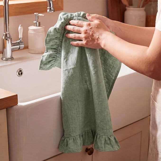 HunnmingRe Sage Green Kitchen Towels Set of 2, 100% Cotton Retro Ruffled Dish Towels 18"x28" Absorbent Tea Cloths for Farmhouse Charm, Drying Dishes, Entertaining Guests