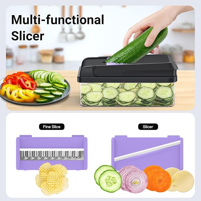 12-in-1 Vegetable Chopper with 7 Blades, Food Veggie Cutter, Purple | Includes Egg Separator, Food Container and Finger Guard, Non-slip Base, for Chopping, Slicing, Shredding, and Mincing