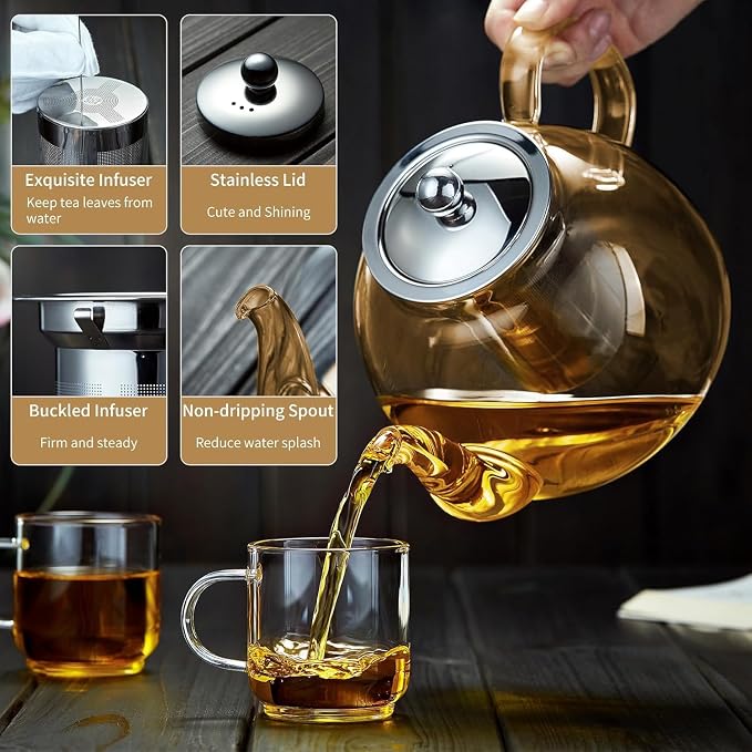 DOPUDO 40OZ (1200ML) Glass Teapot with Infuser Stovetop Safe, Clear Glass Tea Pot Kettle, Borosilicate Tea Pot with Infusers Filter for Loose Tea, Tea Kettle Dishwasher Safe (Champagne)
