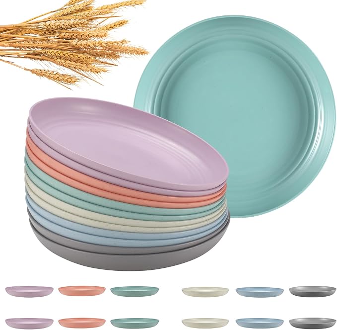 HEYCOME 12 Pcs Unbreakable Deep Dinner Plates Set, 9 inch Reusable Plastic Wheat Straw Plates, Microwave and Dishwasher Safe Plate for Kitchen, Lightweight Plate for Dessert, BPA Free, 6 Colors