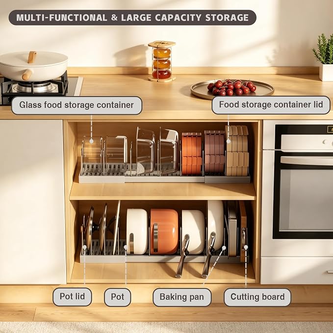 Magheo Pots and Pans Organizer Under Cabinet, Expandable 12.6"-22.8" Kitchen Cabinet Organizer Holder with 10 Adjustable Dividers for Food Storage Container Lid, Cookie Sheet, Cookware(1 Pack, Gray)