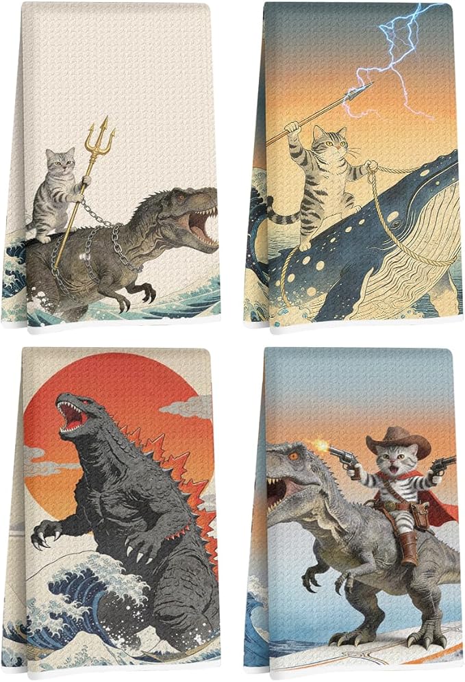 4 Pcs Funny Cat Kitchen Towels, Godzilla Japanese Cats Gifts Hand Towel | Cat Lover Gifts for Women Mom Microfiber Dish Cloths for Drying Dishes, Waffle Dish Towels for Kitchen Home Decor 24x14 Inch