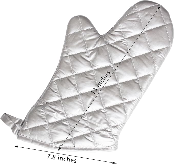 Silver 13" Quilted Oven Mitts Set of 2 Heat Resistant for Kitchen Grill | Quilted Lining, 1 Pair, Heat Resistant, Classic, Cotton Blend, Cooking, Baking, Grilling, Non-Slip Grip