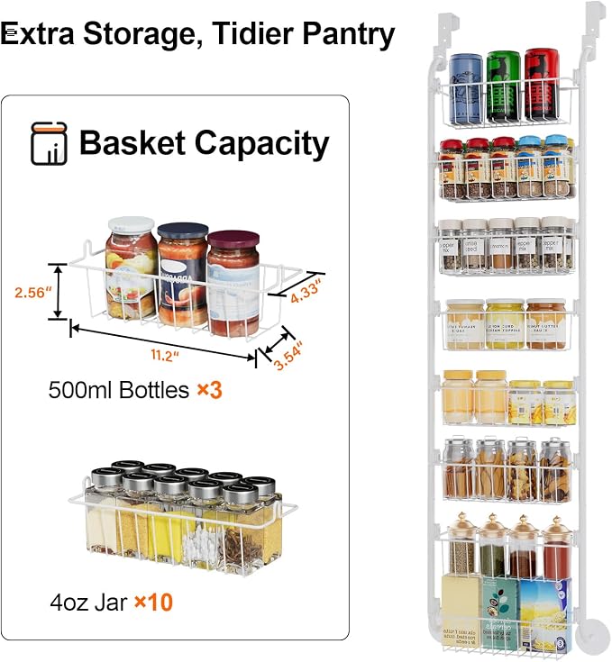 Delamu Narrow Over The Door Pantry Organizer, 8-Tier Metal Pantry Door Organization and Storage for Easy Install, Hanging Spice Rack Shelves, Door Organizer for Kitchen, 4.65"D x 13"W x 65"H, White