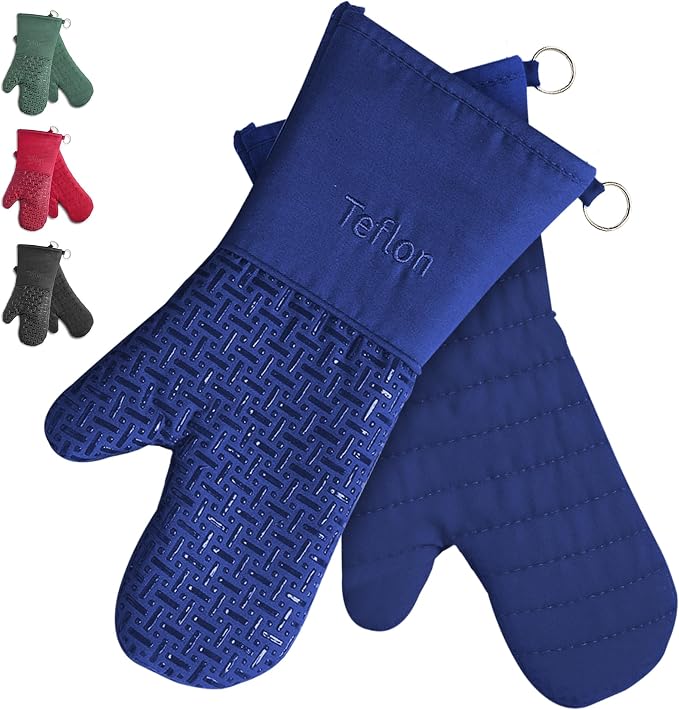 Xlnt Extra Long Oven Mitts (Blue) | Teflon EcoElite Water Repellent | Heat Resistant for Oven Cooking, Grill & BBQ | Non Slip Gloves with Teflon EcoElite Finish, Cotton Lining & Hanging Loop