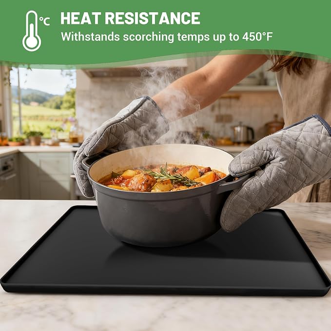 16-inch Coffee Mat - Heat Resistant Silicone for Coffee Bar & Kitchen Counter - Bar Mat for Countertops - Decor Under Espresso Machine & Makers (Black)