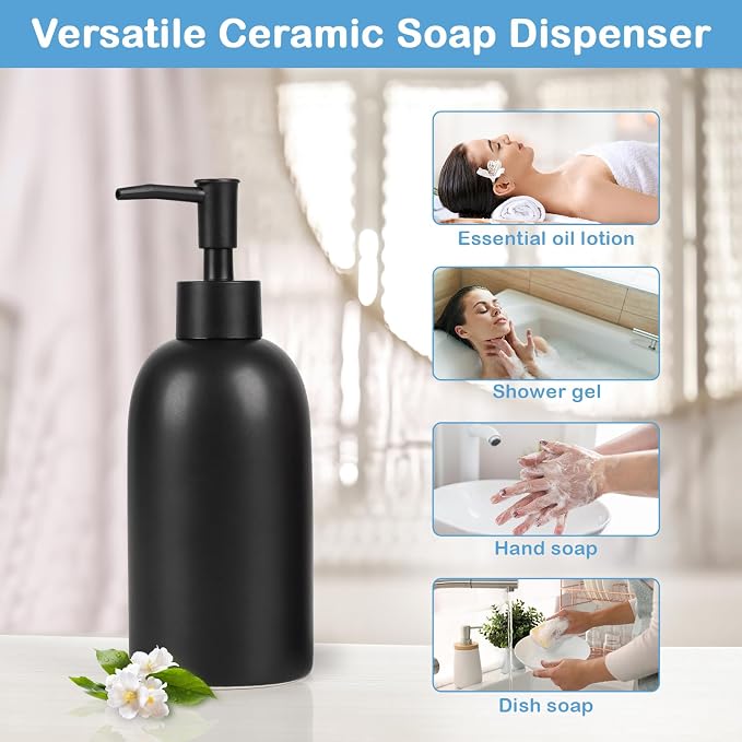 Natheeph Soap Dispenser for Bathroom/Kitchen Fill Hand Soap/Dish Soap, 14OZ | Soap Pump Dispenser Bottle, Ceramic Soap Dispenser Refillable Shampoo/Lotion/Liquid/Detergent for Bathroom/Kitchen (Black)
